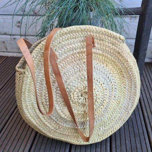 Strandtas - boodschappentas - rond - maisblad - lederen hengsels