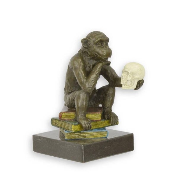 Beeld - brons - aap met witte schedel - 14,3cm hoog