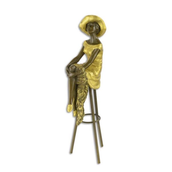 Beeldje - brons - vrouw op barkruk - 28.2cm hoog