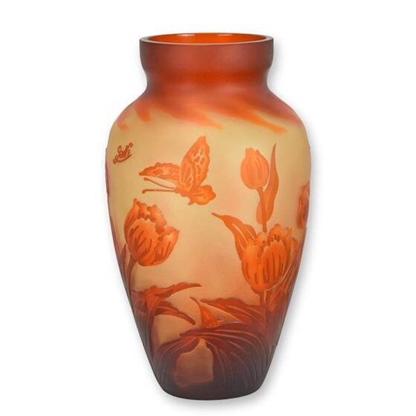 Vaas - glas - Cameo stijl - "Tulp" - 31cm hoog