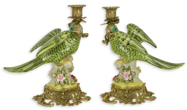 Kandelaar - porcelein - set van 2 - papegaaien - 28cm hoog