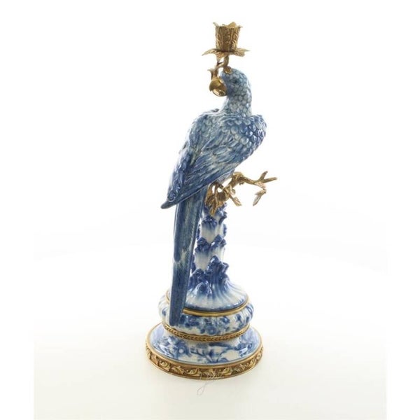 Kandelaar - papegaai - blauw - porselein - brons - 50,7cm hoog