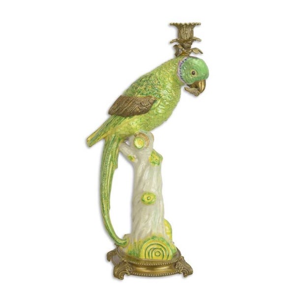 Kandelaar - papegaai - rechtskijkend - groen - porselein - brons - 42,4cm hoog