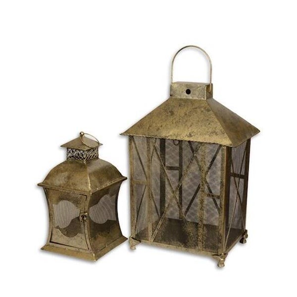 Metalen windlicht - tin - bruin - set van 2