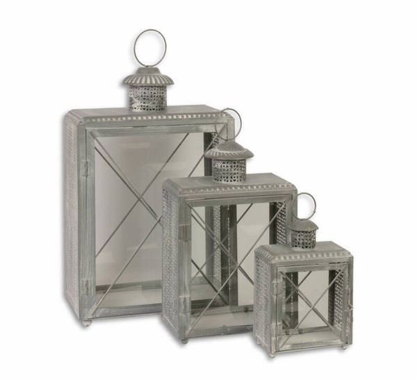 Windlichten - set van 3 tinnen - tin - 44 cm