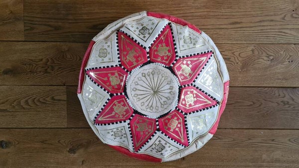 Marokkaanse poef - leer - rood en roze - handgemaakt - ongevuld - Ø44cm