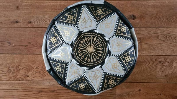 Marokkaanse poef - leer - zwart en grijs - handgemaakt - ongevuld - Ø45cm