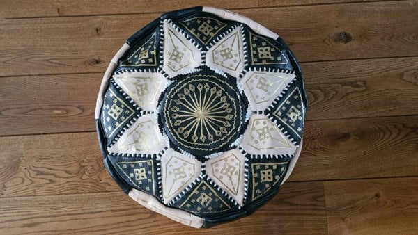 Marokkaanse poef - leer - zwart en roze - handgemaakt - ongevuld - Ø44cm