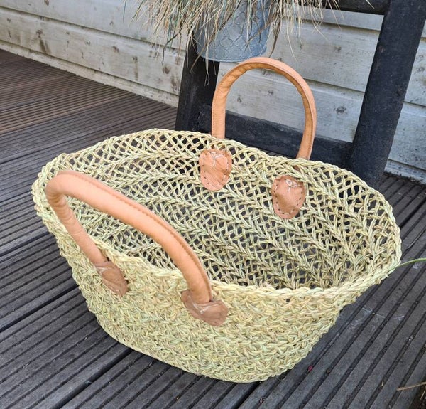 Strandtasje - boodschappentasje - touw - lederen hengsels