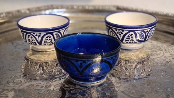 Tapas schaaltjes - kommetjes - handgemaakt - Marokkaans - wit/blauw - 3 delig - Ø9,5cm