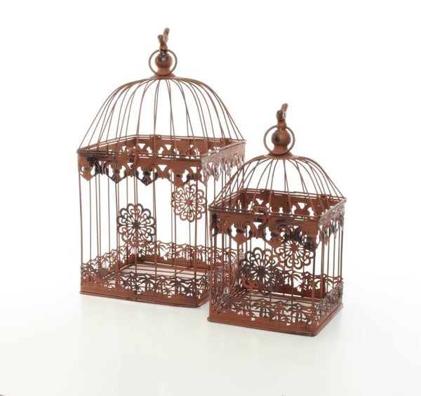 Decoratie vogelkooi - set van 2 - bruin - ijzer - vierkant - hoogte 45,5cm