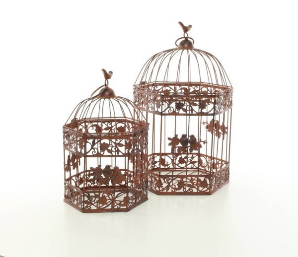 Decoratie vogelkooi - set van 2 - bruin - ijzer - 6-hoekig - hoogte 41,9cm