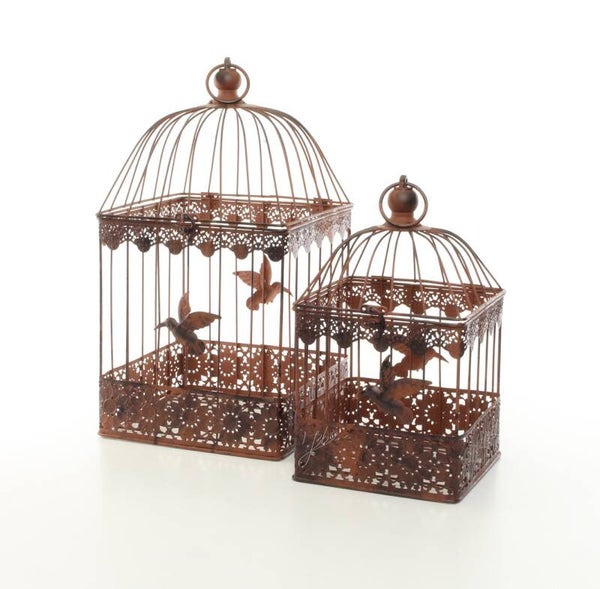 Decoratie vogelkooi - set van 2 - bruin - ijzer - vierkant - hoogte 42,5cm