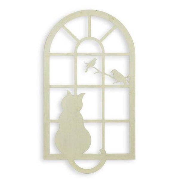 Wanddecoratie - Gietijzeren raamstijl - wit - kat met vogels - 55 cm breed