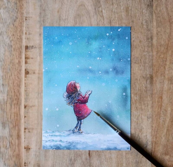 Kerstkaart - Meisje in de sneeuw