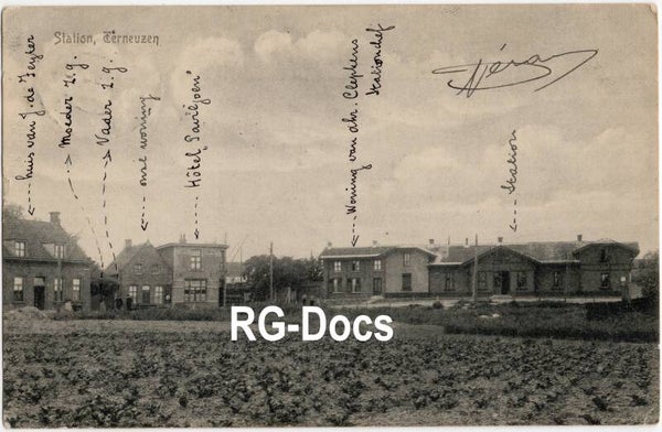 Ansichtkaart - Briefkaart Trein Station Terneuzen, Met annotaties van woning en hotel, Zeeland (1919)