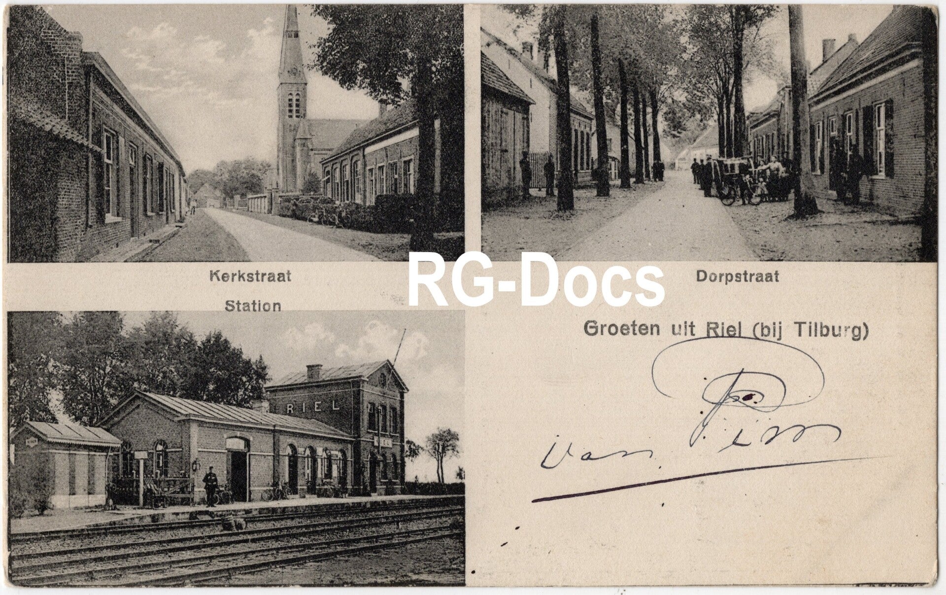 Ansichtkaart - Briefkaart Dorpsgezichten Riel - Kerkstraat, Dorpstraat, Station, Noord-Brabant (1910)