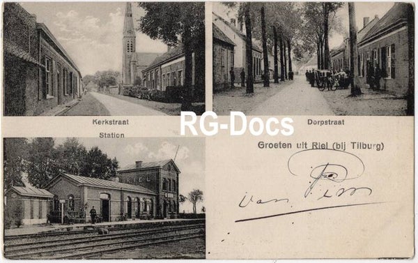 Ansichtkaart - Briefkaart Dorpsgezichten Riel - Kerkstraat, Dorpstraat, Station, Noord-Brabant (1910)