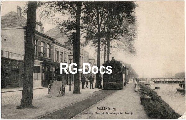 Ansichtkaart - Briefkaart Tram Loskade Middelburg - Vertrek Domburgsche Tram, Zeeland (1912)