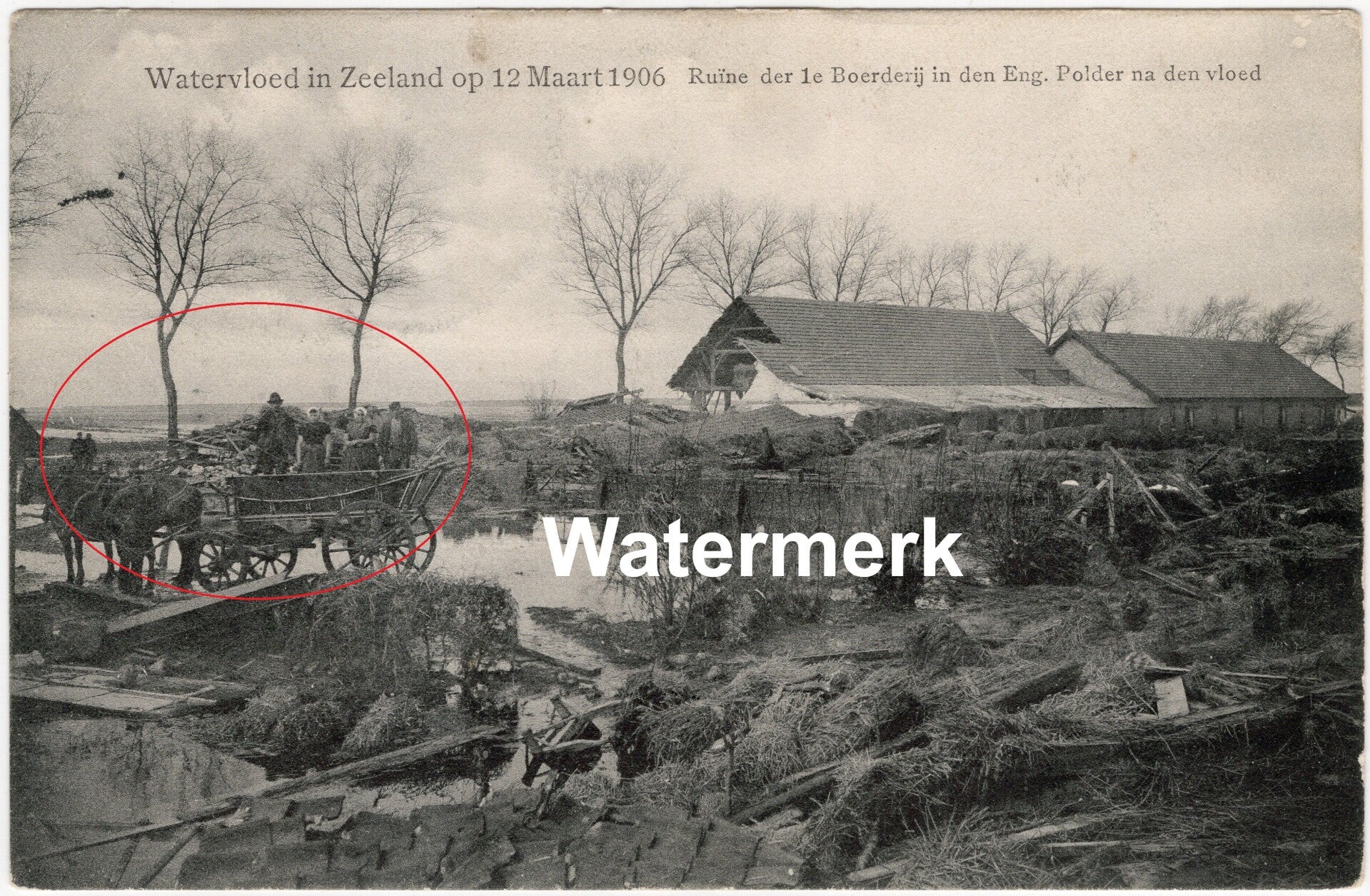 Ansichtkaart - Briefkaart Watervloed Eng. Polder Zeeland - Ruïne 1e Boerderij na vloed, Zeeland (1906)
