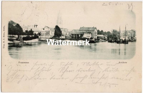 Ansichtkaart - Briefkaart Panorama Arnhem Rijn met bebouwing, Gelderland (1899)