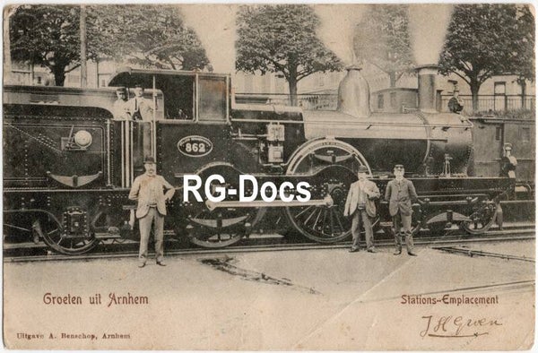 Ansichtkaart - Briefkaart Stoomlocomotief ''862'' Arnhem, Stations-Emplacement, Gelderland (1905)