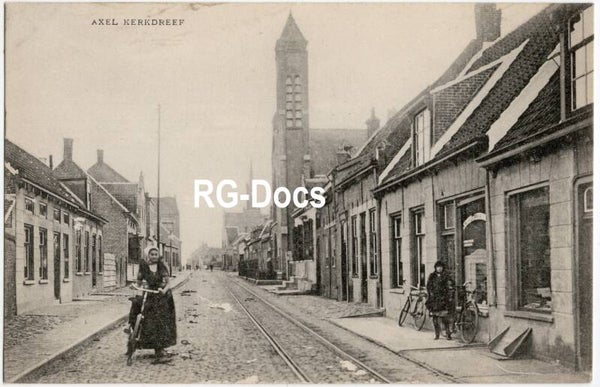Ansichtkaart - Briefkaart Kerkdreef Axel tramrails, Zeeland (ca. 1915)