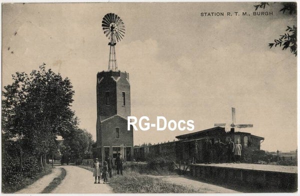 Ansichtkaart - Briefkaart Tram Station Burgh R. T. M. stoomtram met molen, Zeeland (1924)