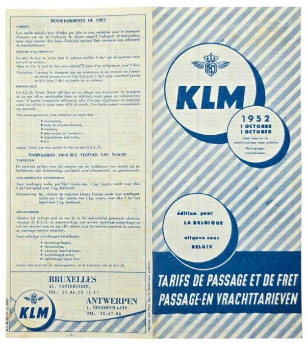 Flyer – KLM Tarifs de Passage et de Fret / Passage- en Vrachttarieven (1952)