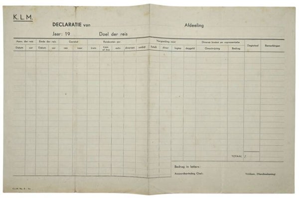 Document – KLM Declaratie van Reiskosten (ca. 1950s)