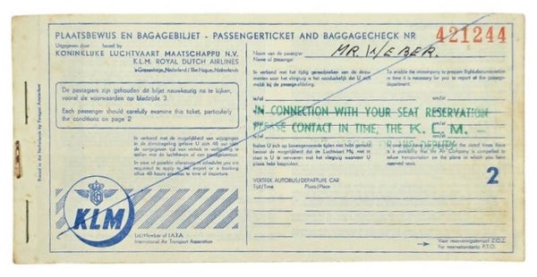 Document – KLM Plaatsbewijs en Bagagebiljet / Passenger Ticket and Baggage Check (ca. 1950s)