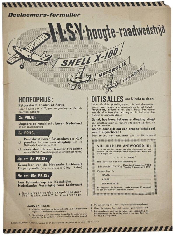 Document - Deelnemers-formulier I.L.S.Y. hoogte-raadwedstrijd – Shell X-100 (1952)