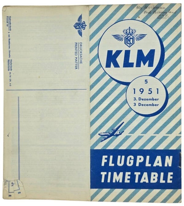 Flyer - Flugplan / Time Table – KLM Royal Dutch Airlines, geldig vanaf 3 december (1951)