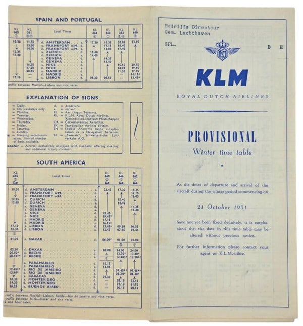 Flyer - Provisional Winter Time Table – KLM Royal Dutch Airlines (1951)