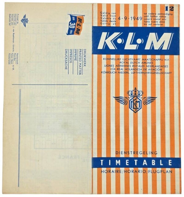 Flyer – Dienstregeling / Time Table KLM 12, 4 September (1949)