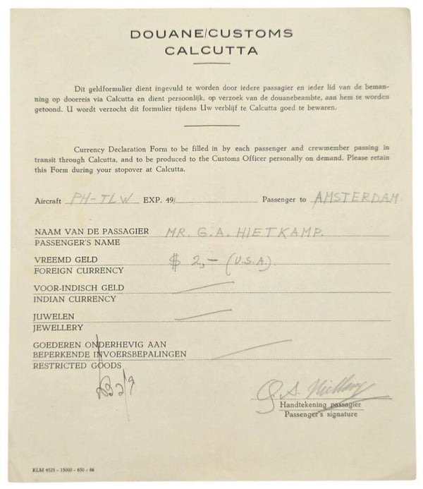 Document – KLM Douane / Customs Calcutta (1949)