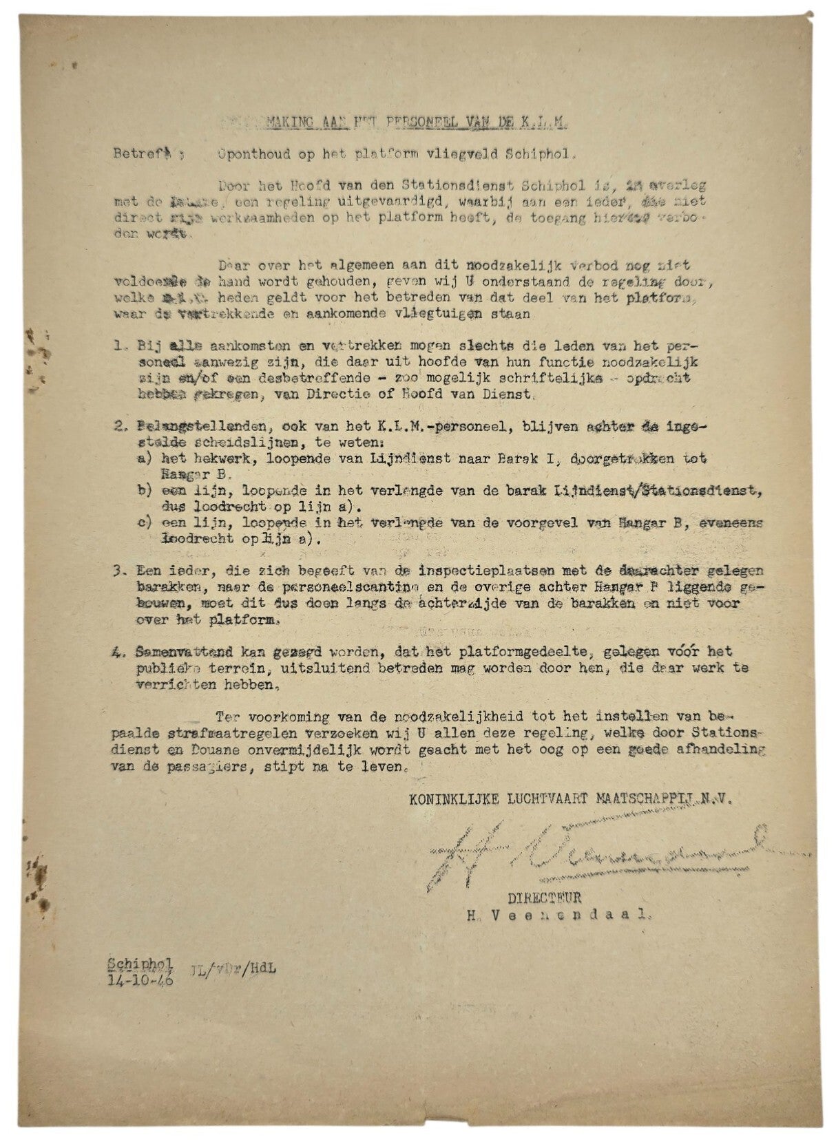 Document – Interne mededeling KLM: Openthoud op het platform vliegveld Schiphol (1946)