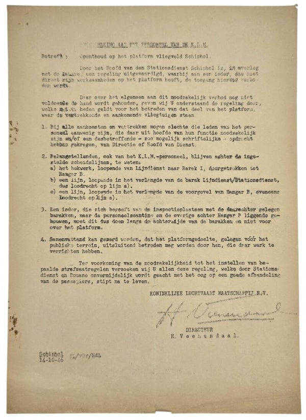 Document – Interne mededeling KLM: Openthoud op het platform vliegveld Schiphol (1946)