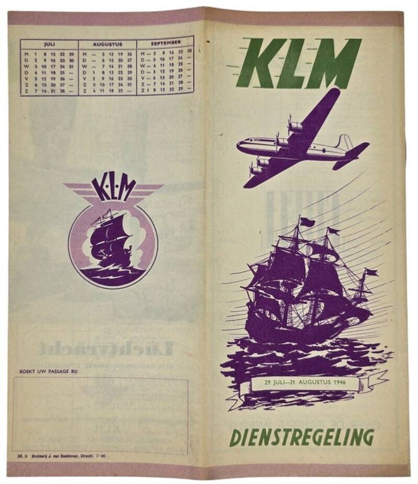Flyer – KLM Dienstregeling 29 Juli 31 Augustus (1946)