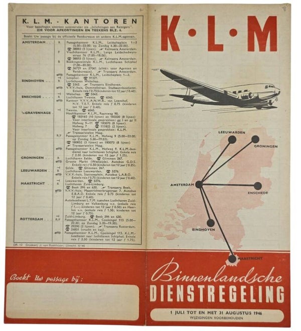 Flyer – KLM Binnenlandsche Dienstregeling 1 Juli tot 31 augustus (1946)