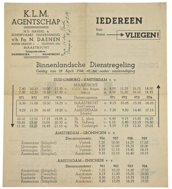 Document – KLM Binnenlandsche Dienstregeling, Maastricht (1946)