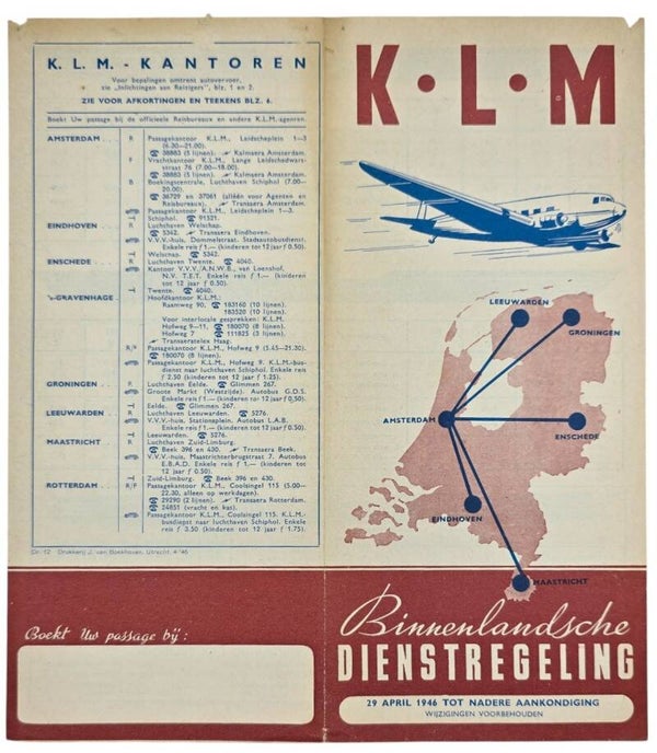 Flyer – KLM Binnenlandsche Dienstregeling 29 April (1946)