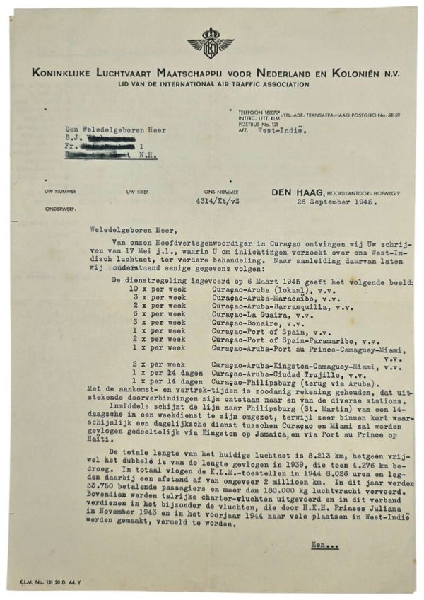 Document – KLM Brief over West-Indisch luchtnet (1945)