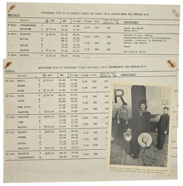 Document – Reisschema bijzondere vlucht Napels–Johannesburg, Mary Pos (1941)