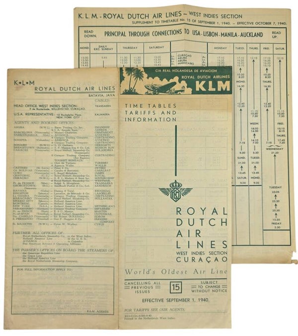 Flyer – KLM Time Tables, Tariffs and Information, West Indies Section Curaçao, September (1940)