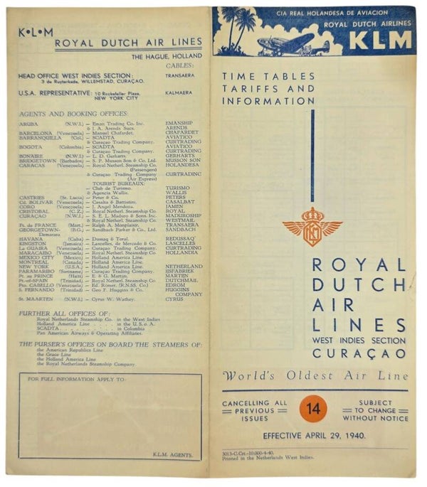 Flyer – KLM Time Tables, Tariffs and Information West Indies Section, Curaçao, April (1940)