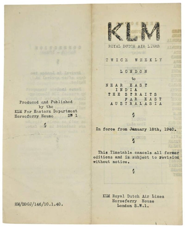 Document – KLM Twice Weekly London to Far East and Australasia, January (1940)