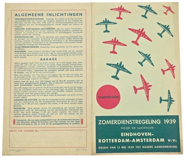 Flyer – KLM Zomerdienstregeling Eindhoven Rotterdam Amsterdam Mei (1939)