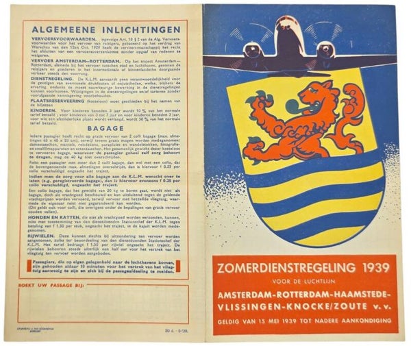 Flyer – KLM Zomerdienstregeling Amsterdam–Rotterdam–Haamstede–Vlissingen–Knocke/Zoute, Mei (1939)