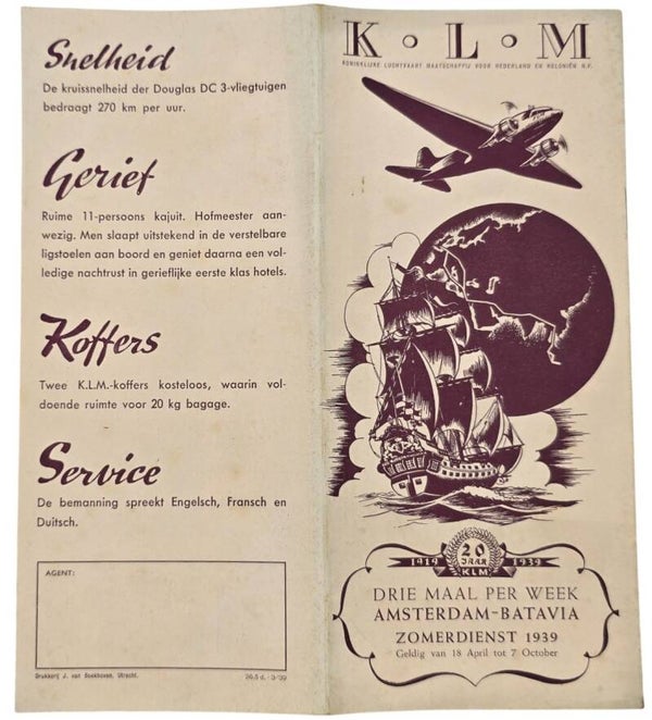 Flyer – KLM Dienstregeling Amsterdam–Batavia, Zomerdienst April (1939)